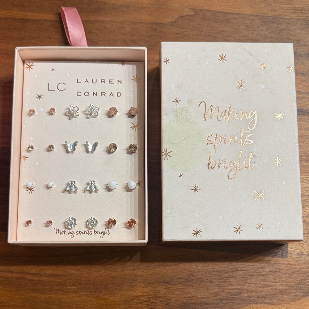 NIB Lauren Conrad Tiny Silver Tone Pink Stud Earrings Bee Butterfly 12 pairs
